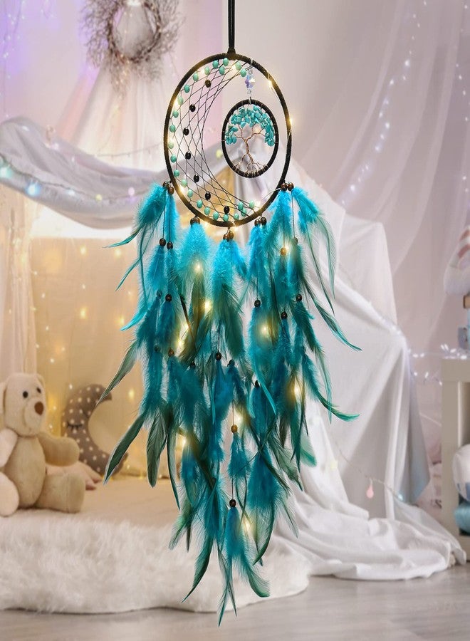 KHOYIME LED Dream Catcher Light Up Tree of Life Dreamcatcher with Healing Crystal Stone Handmade Feather Wall Hanging for Bedroom Bohemian Home Decor Wedding Ornament Craft Gift (Blue&Green) - Image 2